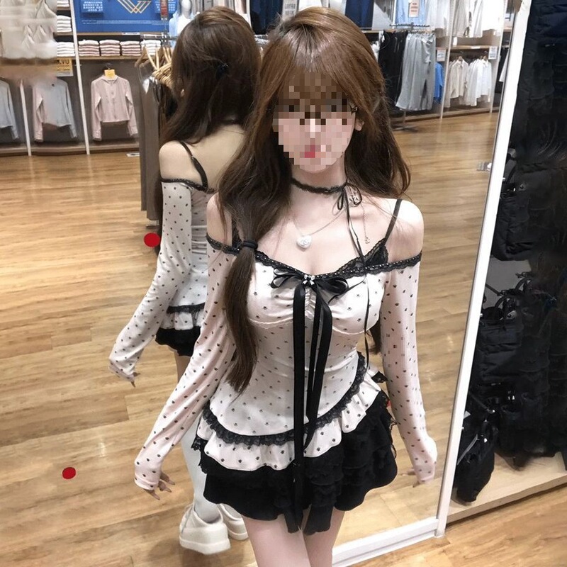 法式气质波点蕾丝边吊带上衣女早秋甜辣妹蓬蓬裙套装拼接长袖|undefined