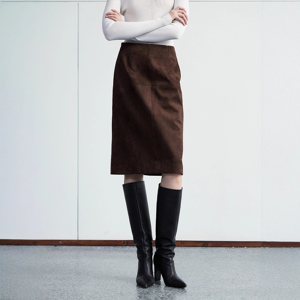 Ready Stock High-End Commuter Simple Straight-Cut Slit Suede Skirt Slim Fit High-End A-Line Pencil Skirt