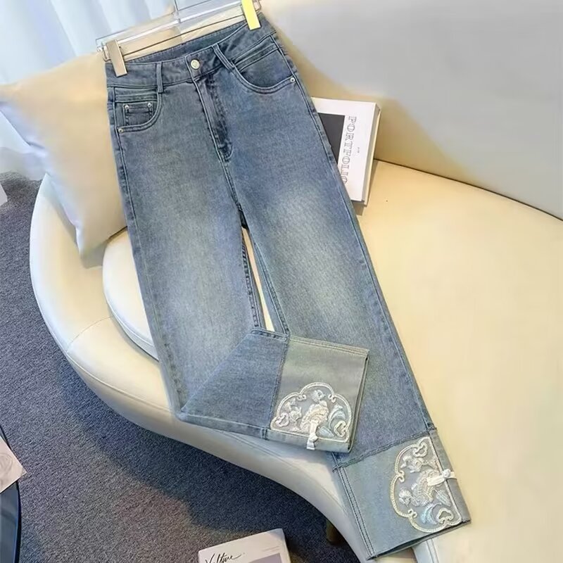 New Chinoiserie Straight Jeans for Women 2025 Spring and Summer New Large Size Fat mm High Waist Slim Nine-Point National Style Cigarette Pants