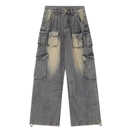 Pocket Design American Retro Work Pants for Women 2025 Wide Leg Denim Loose Trendy Brand Vibe Pants