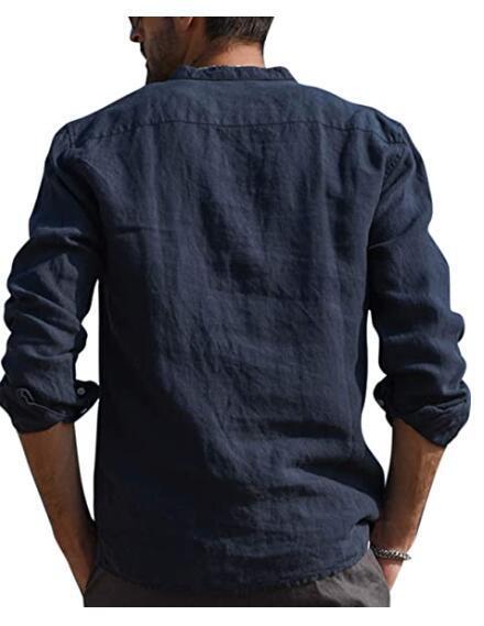 Herren Casual Hemd Mit V-ausschnitt Aus Baumwolle Und Leinen_voghion.com
