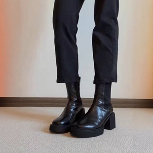 Retro Pleated Thick-Soled Chelsea Boots High-Heeled Martin Boots Thick-Heeled Short Boots for Women Elastic Slim Boots Lightweight