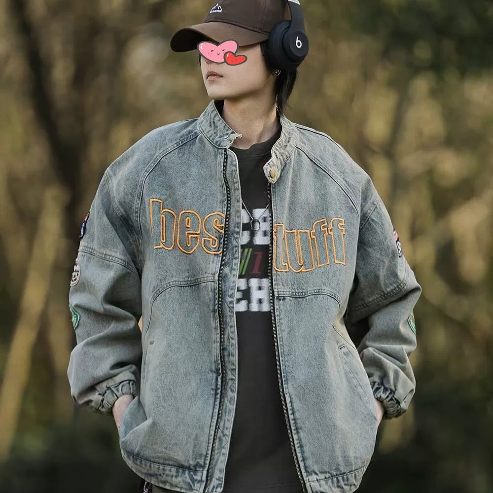 Denim retro jacket, universal trend patch, American style, with embroidery, oversize