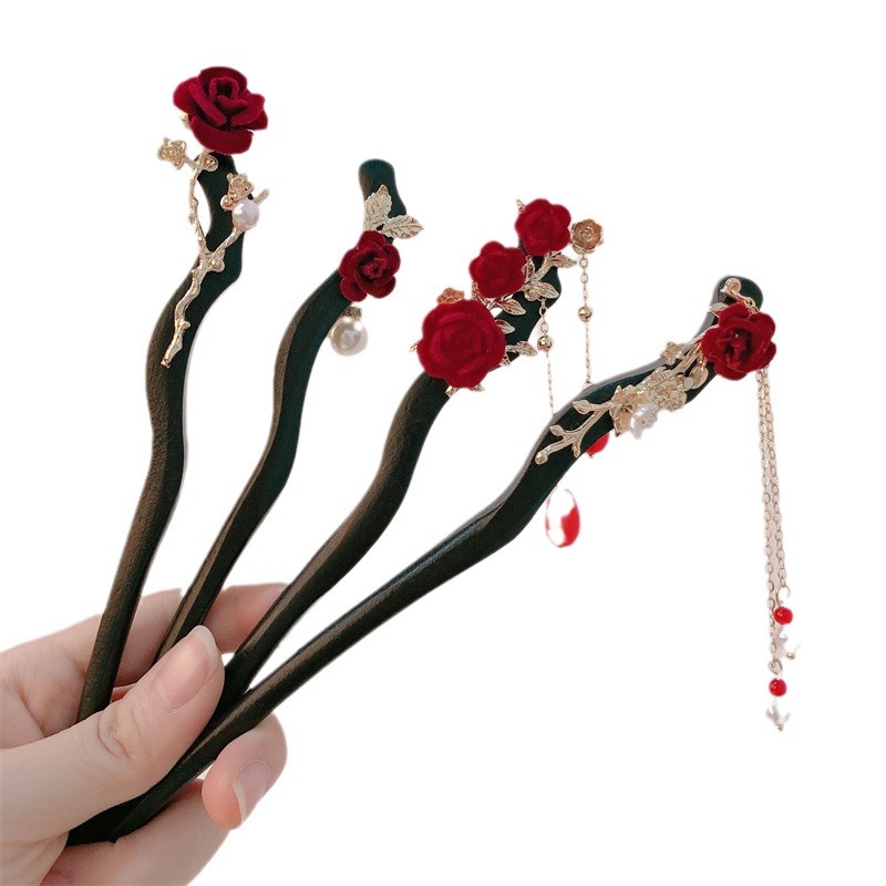 Nueva horquilla de flor de rosa de madera china de alta calidad, bloqueo de larga duración, borla, horquilla para el cabello, accesorios para la cabeza de las mujeres, horquilla para el cabello