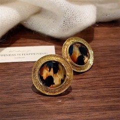 轻奢气质琥珀豹纹圆形耳钉高级感18K包金耳环时尚设计独特耳饰