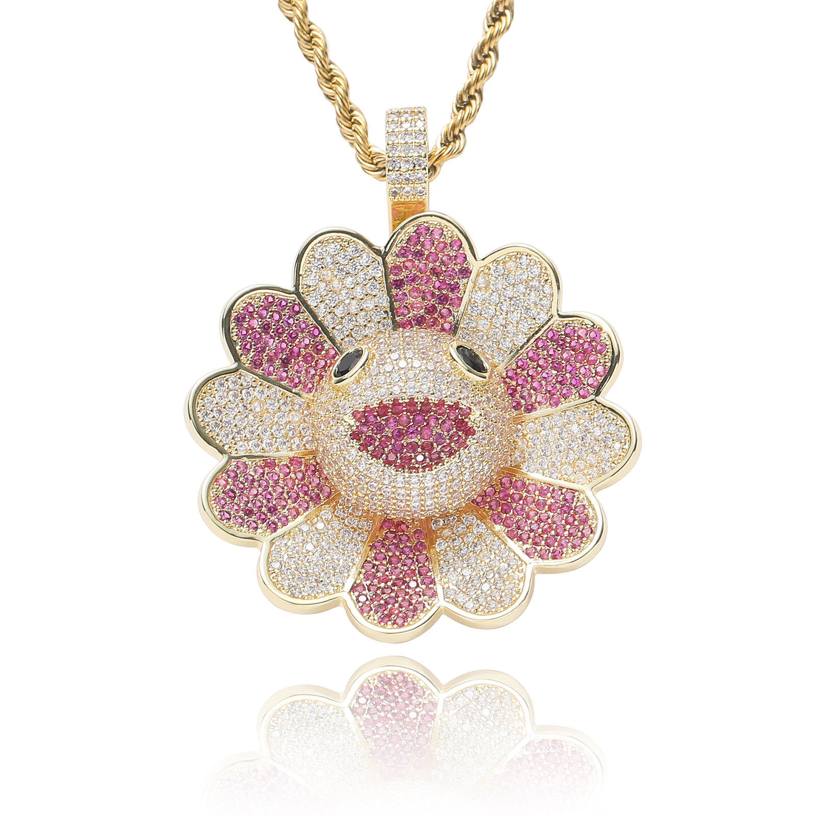 Pink and white flowers gold plated + stainless steel twist chain
