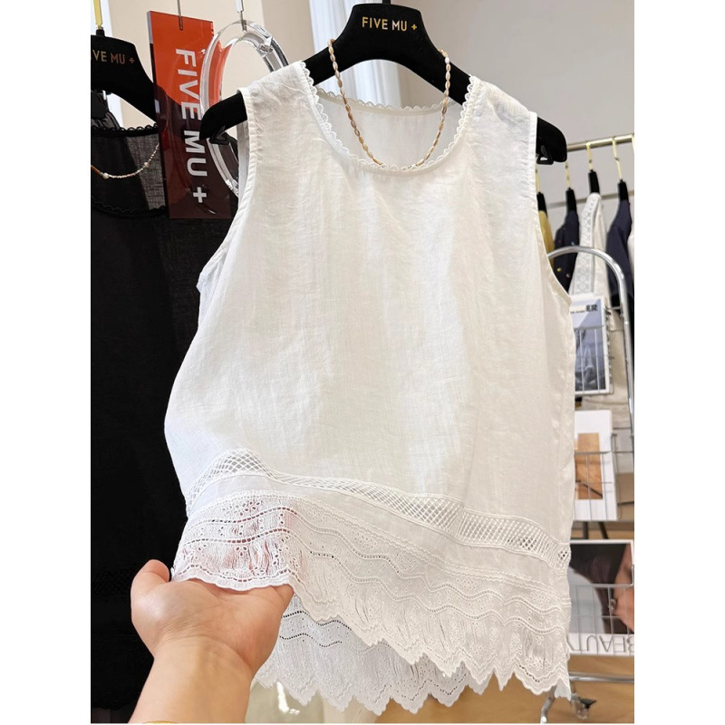 女性の夏のアウターウェアのためのハイエンドのレースの綿ラウンドネックベストシャツ薄いノースリーブベストシャツトップ|undefined