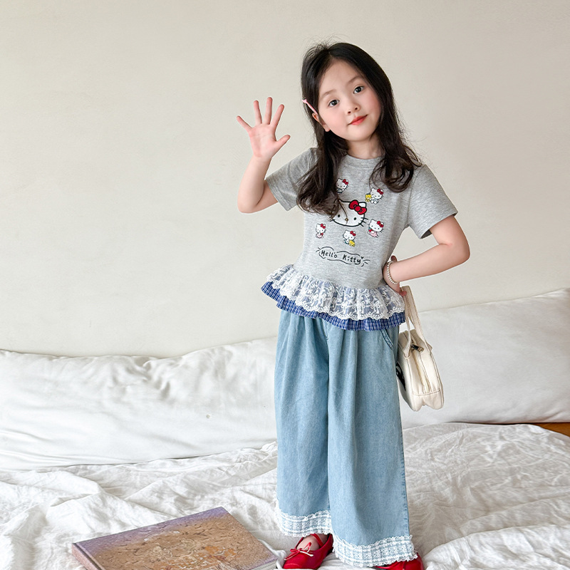 Verwood Children's Wear Girls Summer suit 2025 New Children's Korean Short-sleeved T-shirt Jeans Class A Baby Girl Clothes