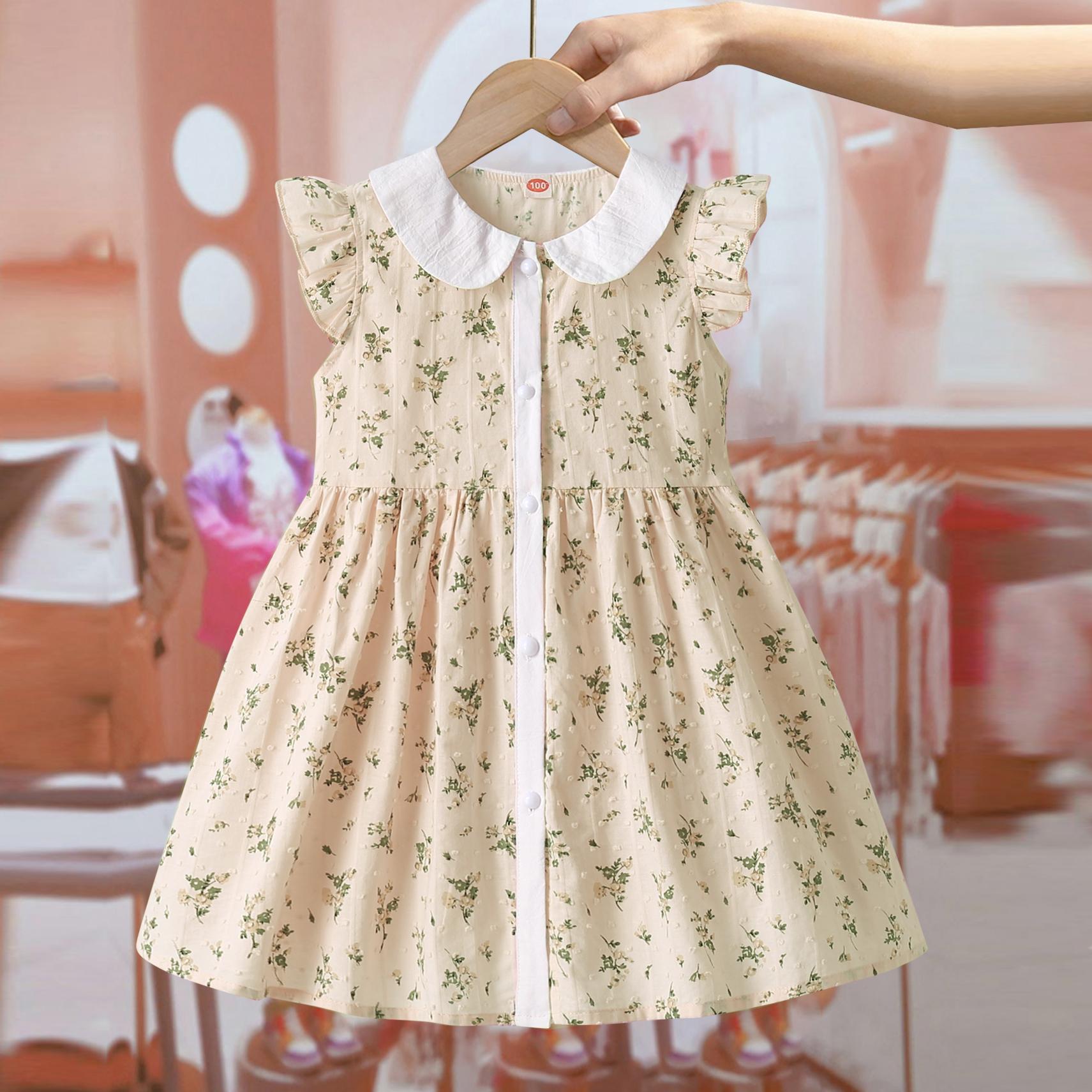 Girl's Princess Dress Summer Cute Doll Collar Mid-Children's Fashionable Dress Girl's Princess Dress Cotton Floral dress