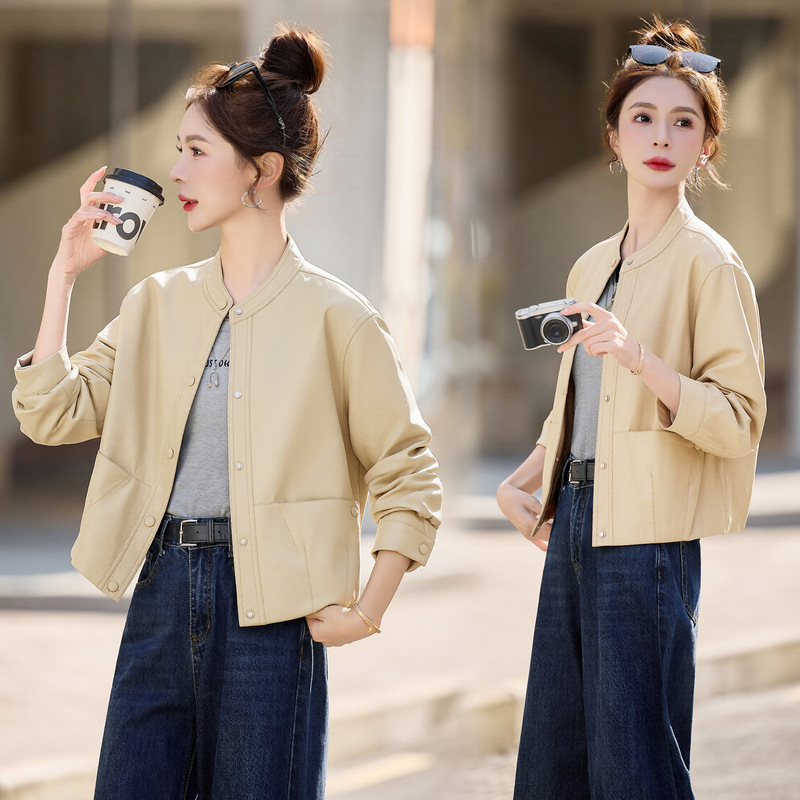 First-Layer Genuine Leather Jacket for Women, Short Style, 2026 Spring and Autumn Season, Round Neck, Casual Pure Sheepskin Jacket, Plus-Size Coat, Wholesale First-Layer Genuine Leather Jacket for Women, Short Style, 2026 Spring and Autumn Season, Round Neck, Casual Pure Sheepskin Jacket, Plus-Size Coat, Wholesale
