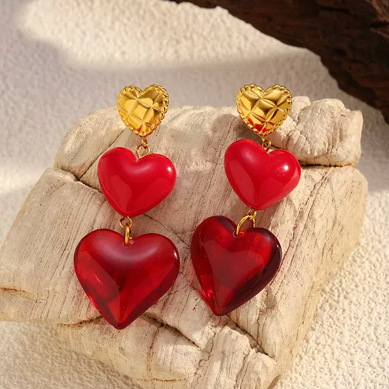 中古vintage复古红色爱心钛钢耳钉女时尚轻奢优雅气质不锈钢耳钉