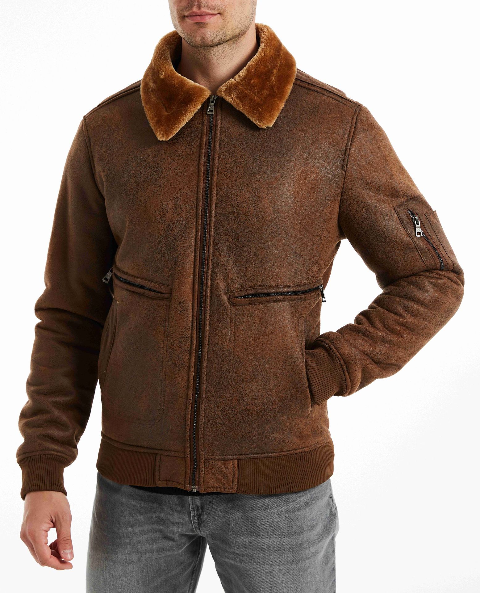 Men's Fur Lined Winter Jacket With Multi Pockets And Lapel Collar_voghion.com