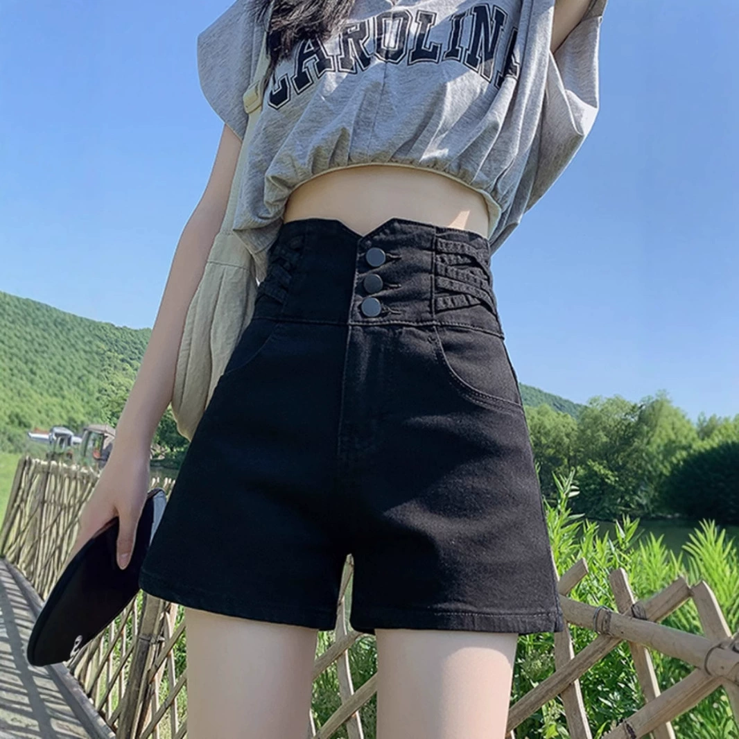 Эластичные черные джинсовые шорты для женщин, весна и осень, большие размеры, для полных женщин, на пуговицах, с контролем живота, ультравысокая талия, широкие брюки, шорты А-силуэта.