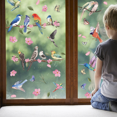 New spring colorful branches, flowers, birds, hummingbirds, butterflies, electrostatic glass stickers, window glass showcases, wall stickers, anti-collision