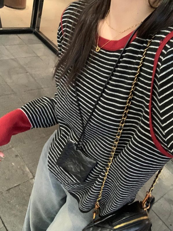 韩系气质丝光羊毛 拼接撞色 显瘦长袖条纹秋季百搭套头高智淡人女|undefined