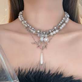 朋克亚文化小众暗黑无序的银珍珠项链蜘蛛重工钛钢项链项圈choker