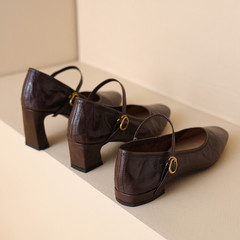 Women's Classic Mary Jane Shoes with Light Opening, Spring New Arrival, Full Grain Leather, Square Toe, One Strap, Medium Heel