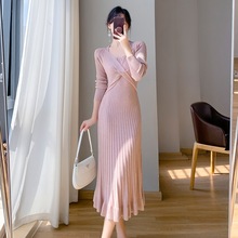 2024秋冬中长款过膝荷叶边鱼尾包臀打底内搭针织连衣裙女长袖