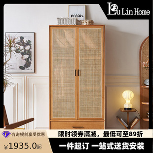 23 New Arrival Rattan Solid Wood Wardrobe for Silent Style Bedroom Home Retro Double Doors with Drainage Partition Storage Cabinet