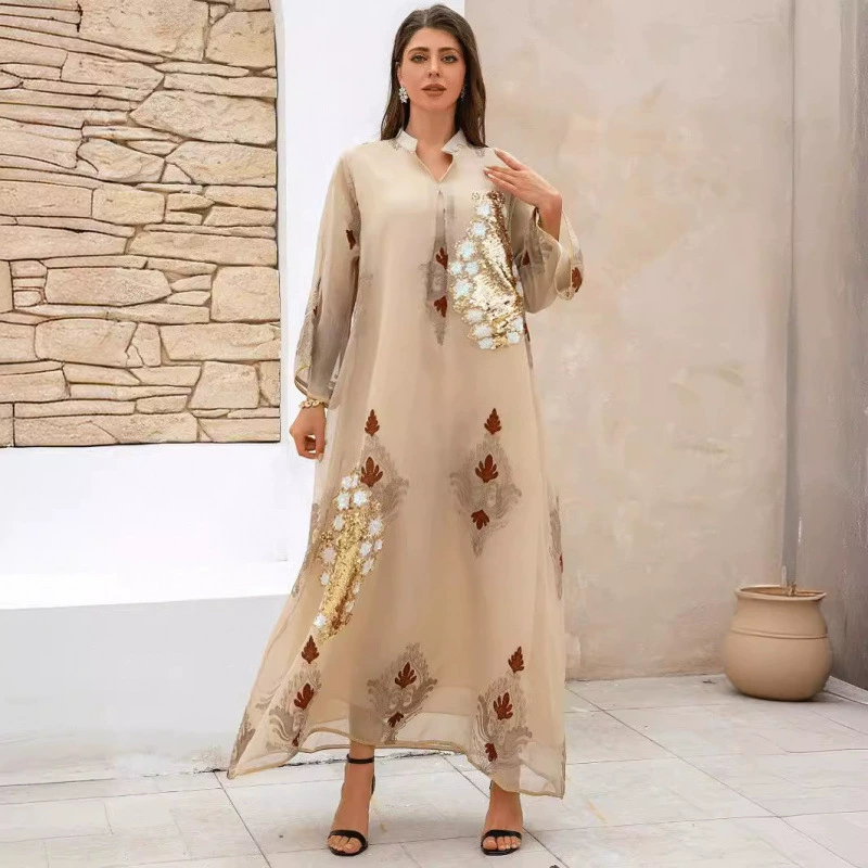 Популярное женское мусульманское платье-абайя с вышивкой пайетками, кросс-граничная электронная торговля на Ближнем Востоке