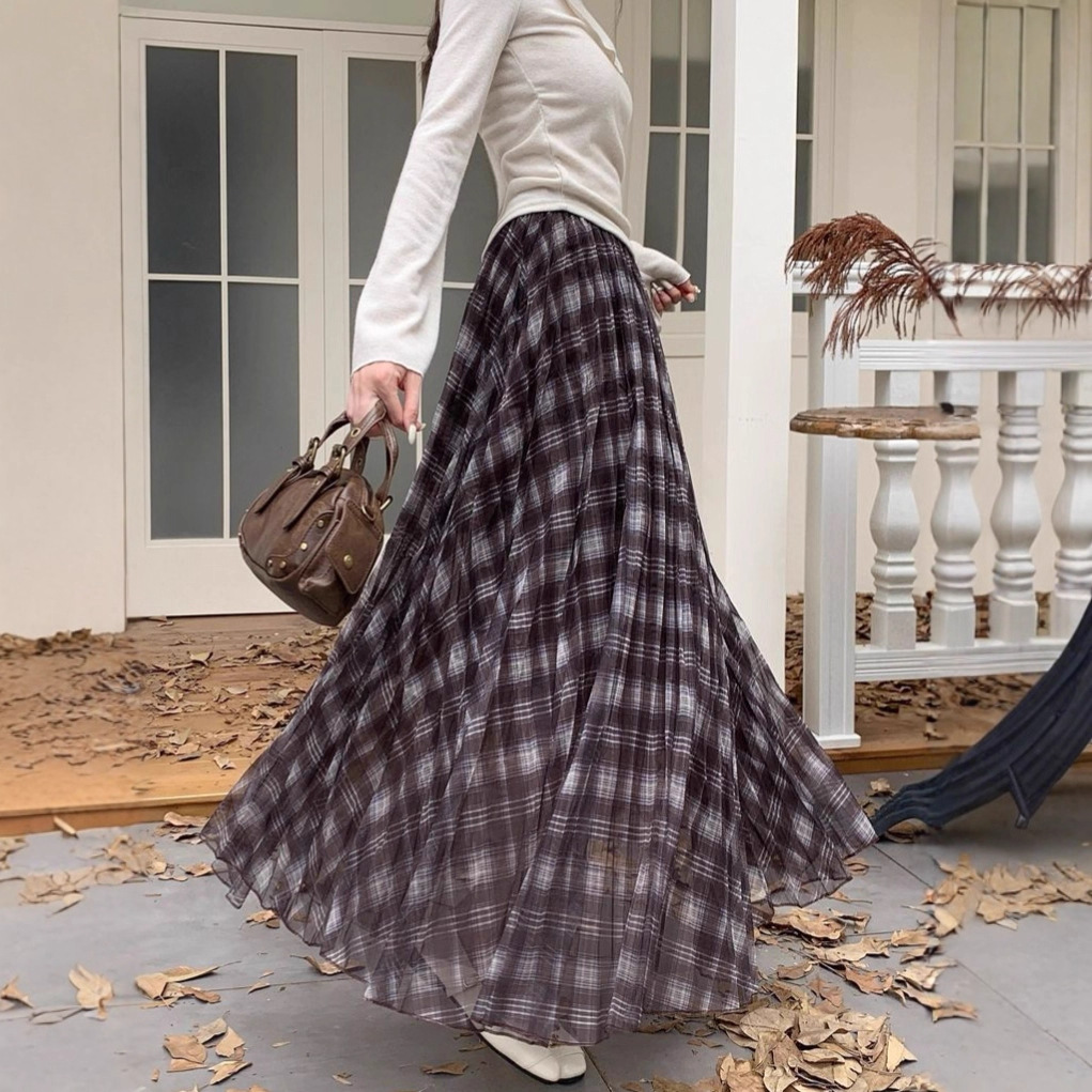 Pleated Plaid Skirt for Women 2025 Autumn and Winter New High-Waist Slim Versatile A-Line Skirt Mid-Length Large Hem Skirt