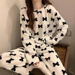 蝴蝶结睡衣珊瑚绒家居服2025秋冬季新款女士外穿宽松加厚懒人套装