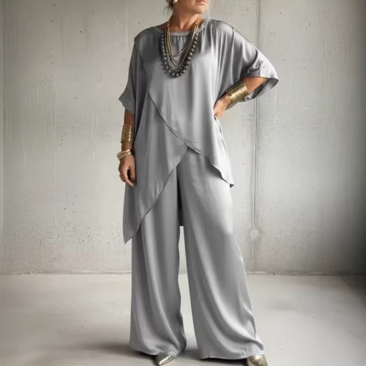 In-Stock 2026 Summer New European Cross-Border Women's Two-Piece Set Satin Round Neck Loose Casual Irregular Hem Set