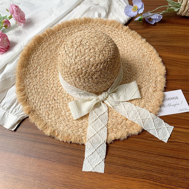 French Style Bow Raffia Straw Hat For Women - Summer Wide Brim Sun Protection Hat For Beach Vacation - Thumbnail 7