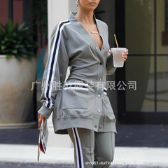 2025欧美跨境外贸秋季新款女士长裤长袖简约外穿时尚休闲套装V 领