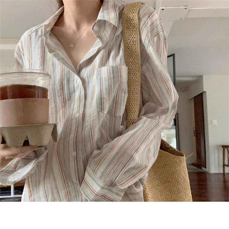 plus size chubby girl Lazy Style Pinstripe Shirt Women's Spring and Summer Design Niche Top Cotton Linen Loose Long-sleeved Shirt