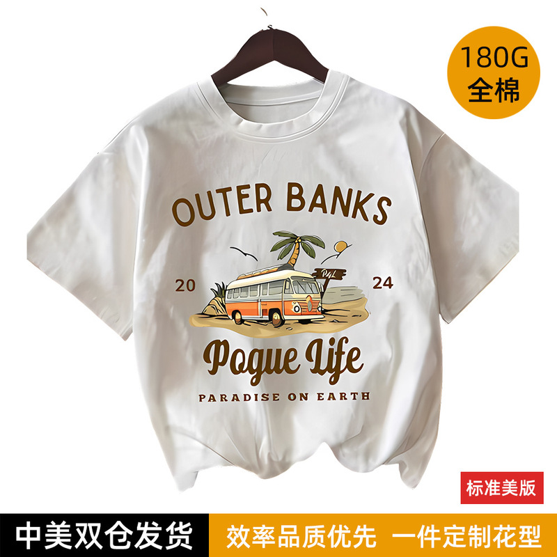 Foreign Trade Women's Ready-Made Outer Bank Pattern Printed Casual Round Neck Short-Sleeved T-Shirt Simple Daily Wear