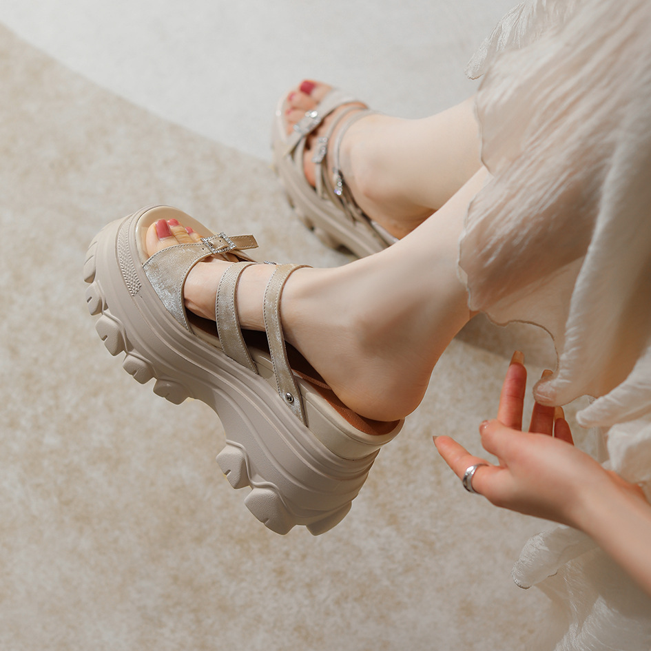 Sandal cao gót nữ đế xuồng 12cm da bò nguyên chất quai ngang — Màu đen, Màu trắng be, Màu hạnh nhân đậm