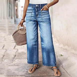 Us Overseas Warehouse Cross-Border European and American Plus-Size Denim Slim Cropped Wide-Leg Pants Tiktok Half-Shelf Dropshipping