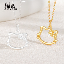 S925纯银小花猫项链女韩版简约KT猫可爱锁骨链时尚银饰学生送礼物