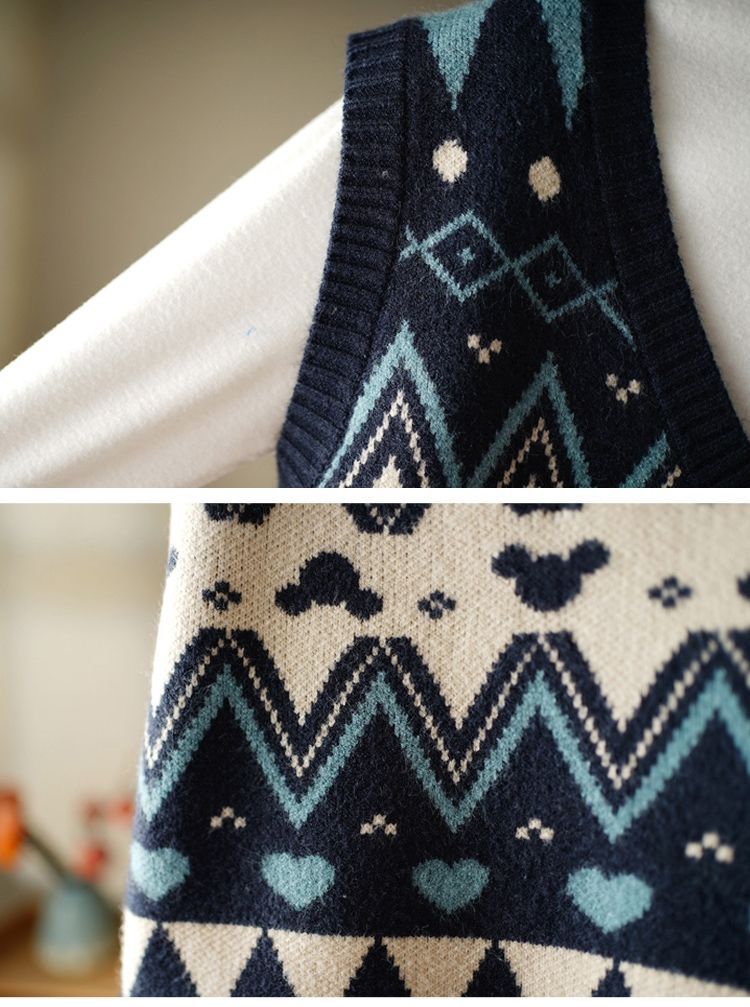 复古提花针织背心女 跨境宽松百搭休闲上衣V领套头无袖毛衣马甲潮