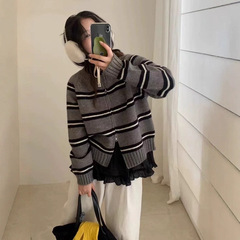 拼色条纹圆领毛衣外套女秋冬新款韩系宽松慵懒双拉链针织开衫上衣