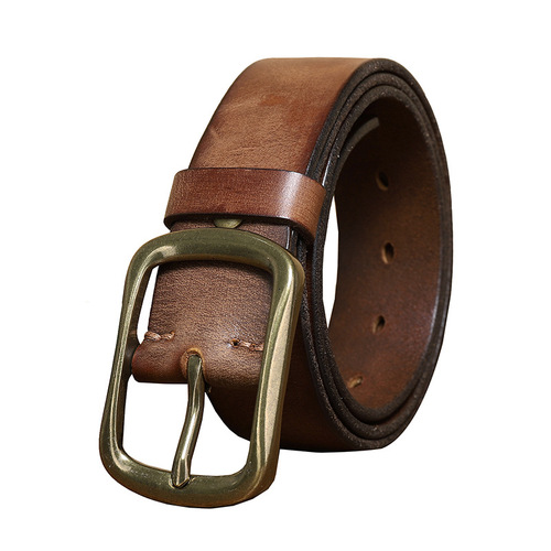 Retro hand-rubbed versatile pleated copper buckle belt men's genuine leather trendy pin buckle pure cowhide trouser belt for middle-aged and young people
