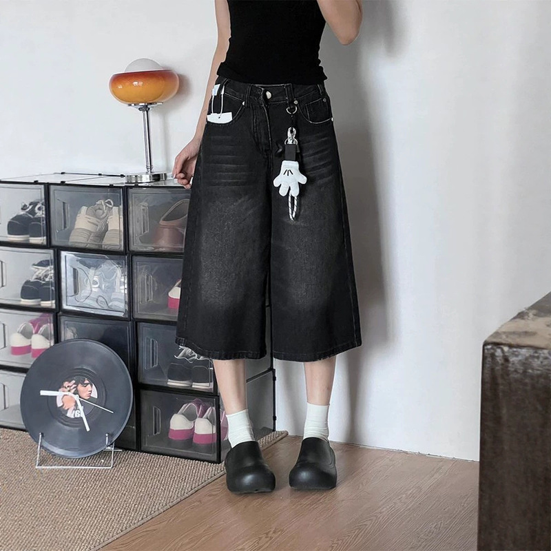 American-Style Petite Washed White Wide-Leg Denim Cropped Pants for Women, 2026 Summer New Slim-Fit Mid-Length Pants