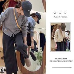 アメリカのレトロな服は女性の秋の新型の小柄でやせて見えるファッションのニットのコートのカジュアルなズボンの2つのセットのファッションを着ます。