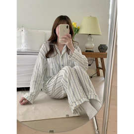 实拍2025INS韩系春季条纹花双层棉纱棉简约翻领家居服睡衣套装女