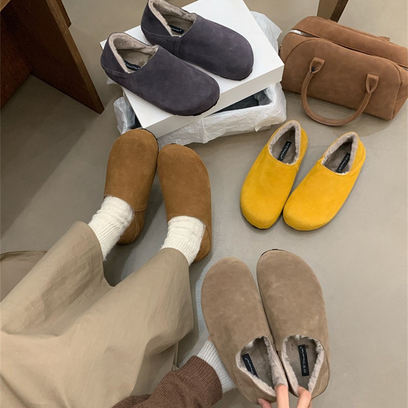 2025秋冬新款真皮平底厚底内增高磨砂皮圆头棉鞋单鞋女加绒乐福鞋