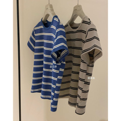 熹鳳梨ギャル韓国式百合カジュアルストライプ丸首修身半袖tシャツ弾力メリヤスストライプ上着女