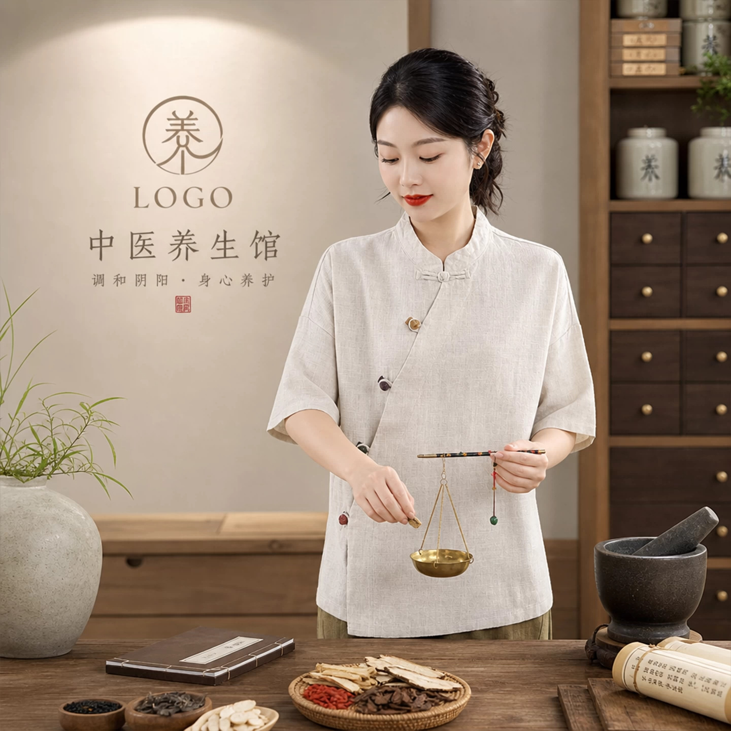 中医养生馆工作服女夏季斜襟盘扣艾炙理疗推拿师服装可定logo