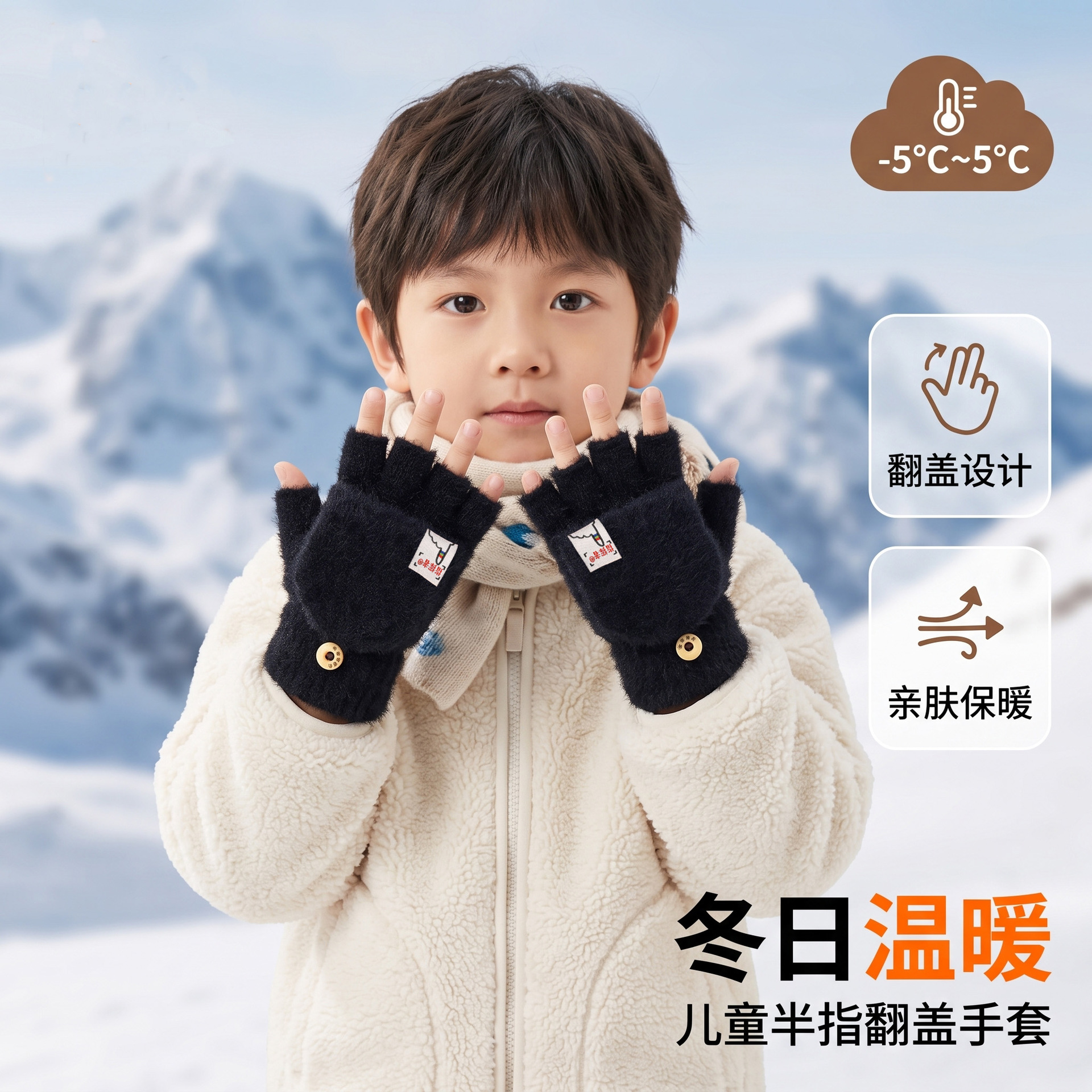 跨境网红手套毛绒冬半指翻盖保暖漏指仿貂绒针织学生写字儿童手套