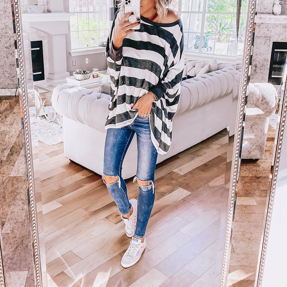 Stripe Print Long-Sleeved Loose Casual T-Shirt NSKX108723