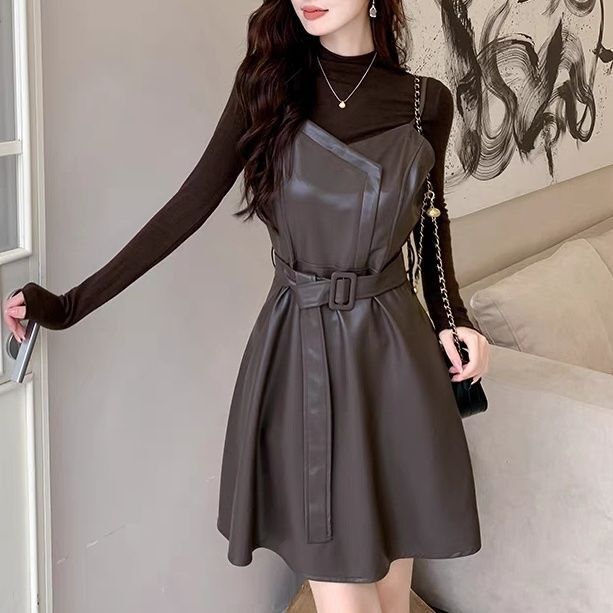 Pu Leather Two-Piece Dress Set, New Spring/Autumn 2026 Model, Women's Long-Sleeve, Waist-Cinching, Slimming, Petite, Fashionable Spring