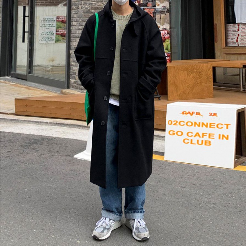 MYQ abrigo de lana con capucha de alta calidad de longitud media de invierno de los hombres de estilo coreano de lana suelta abrigo cálido pareja