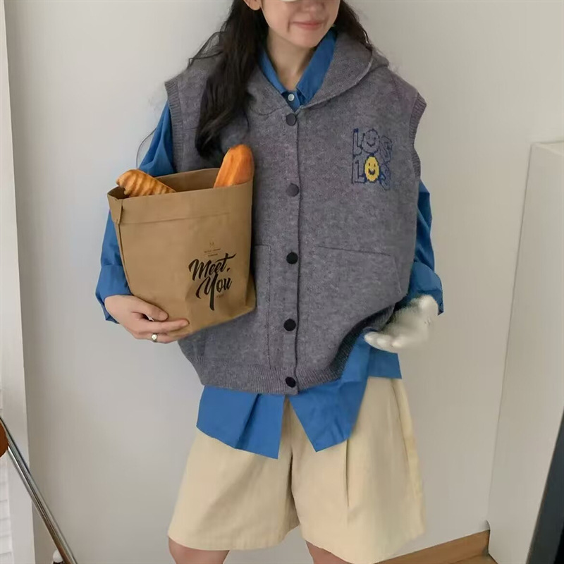 秋冬新款笑脸字母提花宽松针织马甲开衫背心连帽毛衣马夹坎肩女潮|undefined