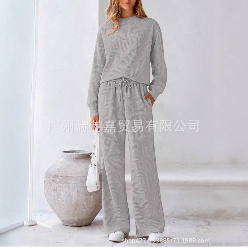 现货2025欧美宽松简约纯色休闲套装女秋冬季新款纹理抽绳运动装女|undefined