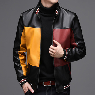 Cross-border wholesale autumn and winter business leisure U leather collar contrast color trendy leather jacket men's fleece-lined warm a generation of hair
